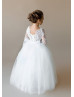 Three Quarter Sleeves Ivory Lace Tulle Sheer Back Flower Girl Dress